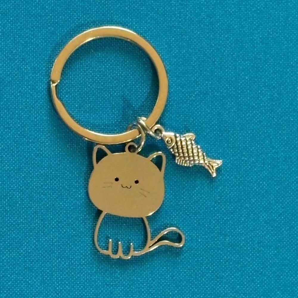 Cartoon Cute Cat + fish Keychain key ring Stainless Steel NEW